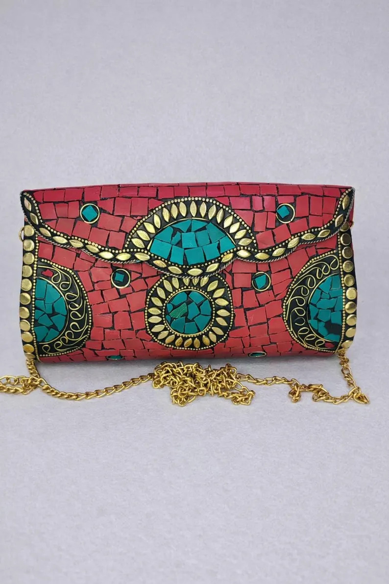 Handmade Mosaic Clutch Bag | Coral Turquoise Stone Embellished Evening Purse | Etsy (Global)