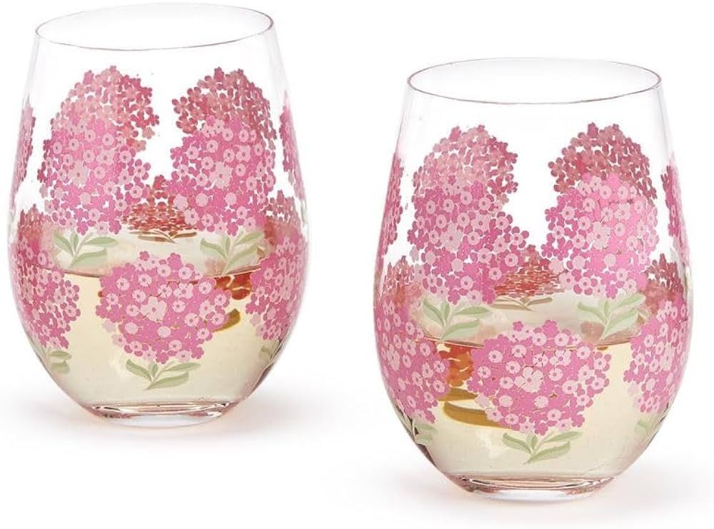 Two's Company Pink Hydrangea Stemless Wine Glass, 16oz Tumbler for Drinking Red/White Wine & Alco... | Amazon (US)