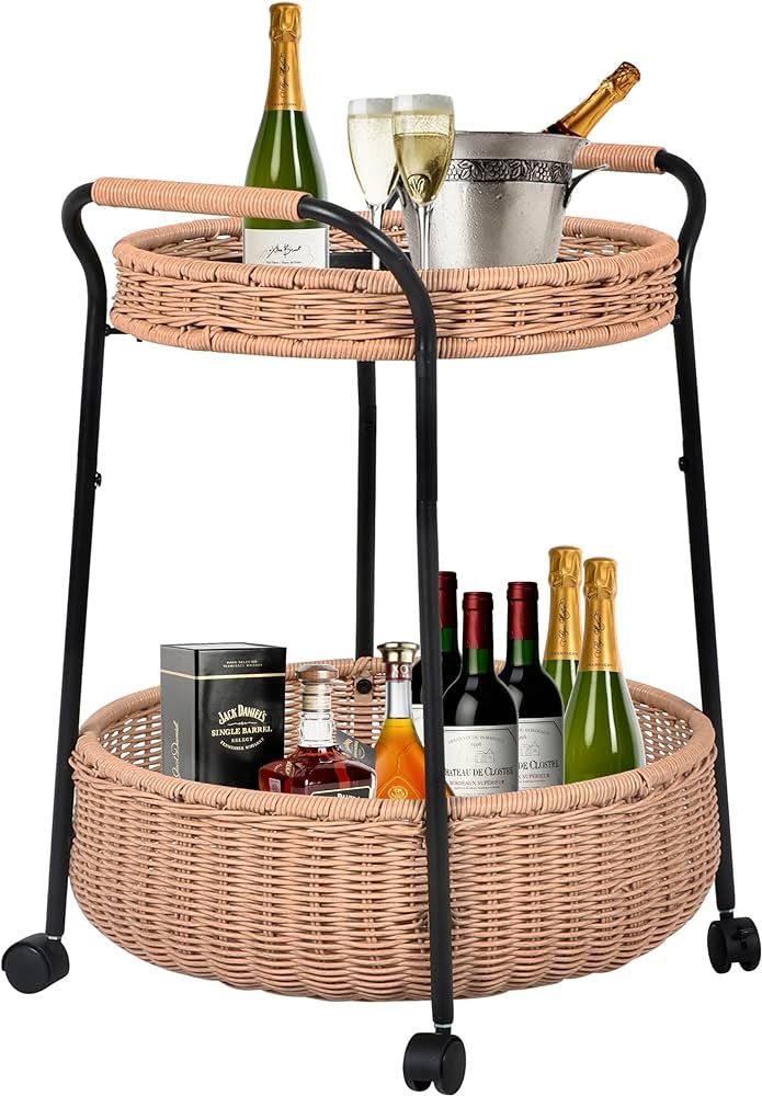 Outdoor Bar Cart, 2 Tier Rolling Patio Cart, Utility Rattan Storage Cart with 4 Wheels, Metal Fra... | Amazon (US)