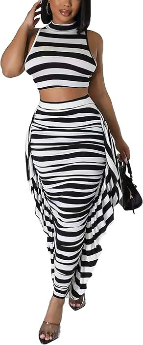 YUEWOO 2 Piece Outfits for Women Sexy Crop Top Ruched Bodycon Maxi Dresses Fringe Skirt Sets Nigh... | Amazon (US)