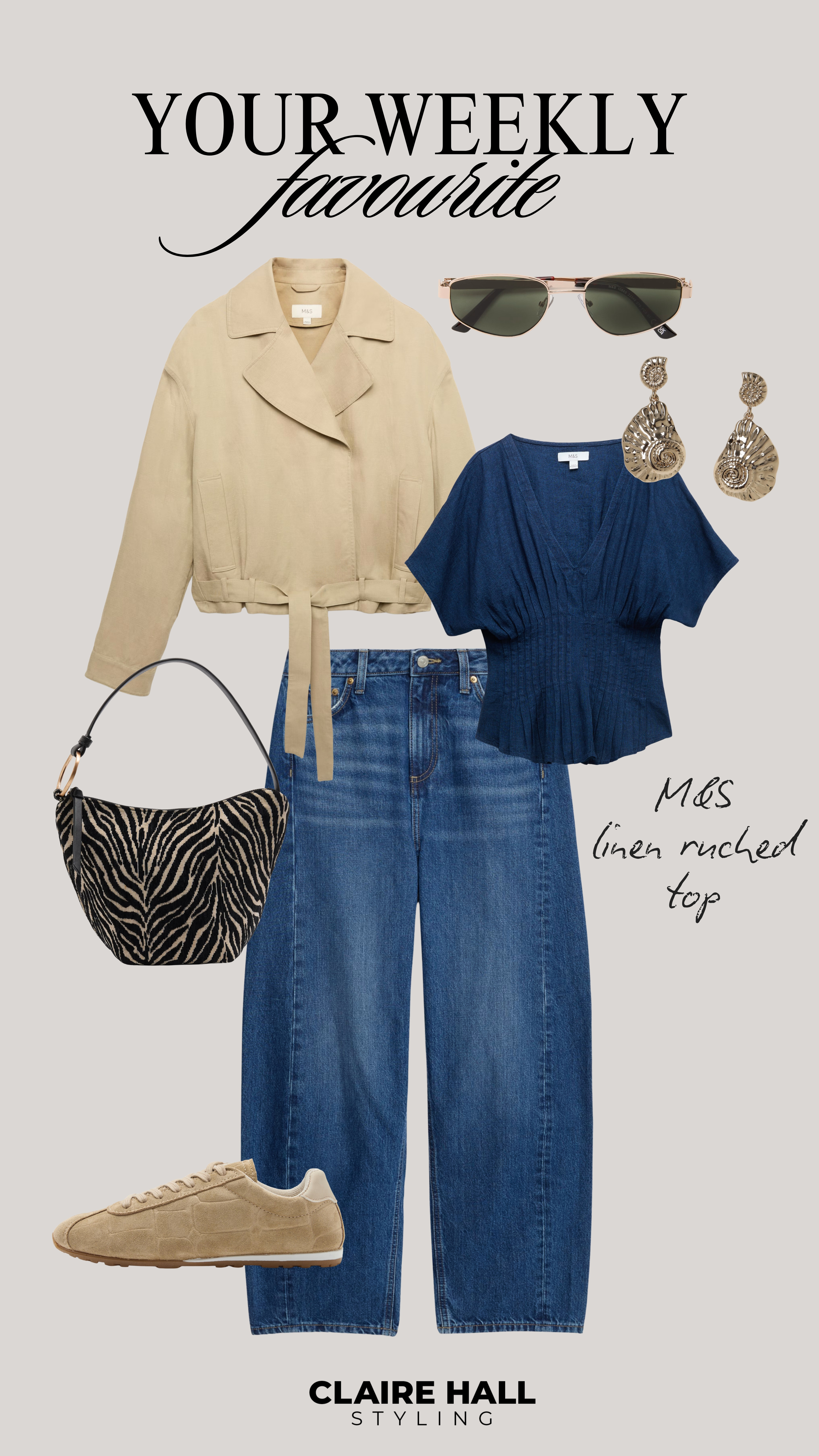 Your Weekly Favourite: M&S linen ruched top ✨ Whole outfit is from M&S 🥰

Trench coat, cropped trench coat, barrel jeans, barrel leg, zebra print, suede trainers, spring outfit, jeans and a nice top, city break, weekend outfit 

 #LTKspring #LTKsummer #LTKjeans