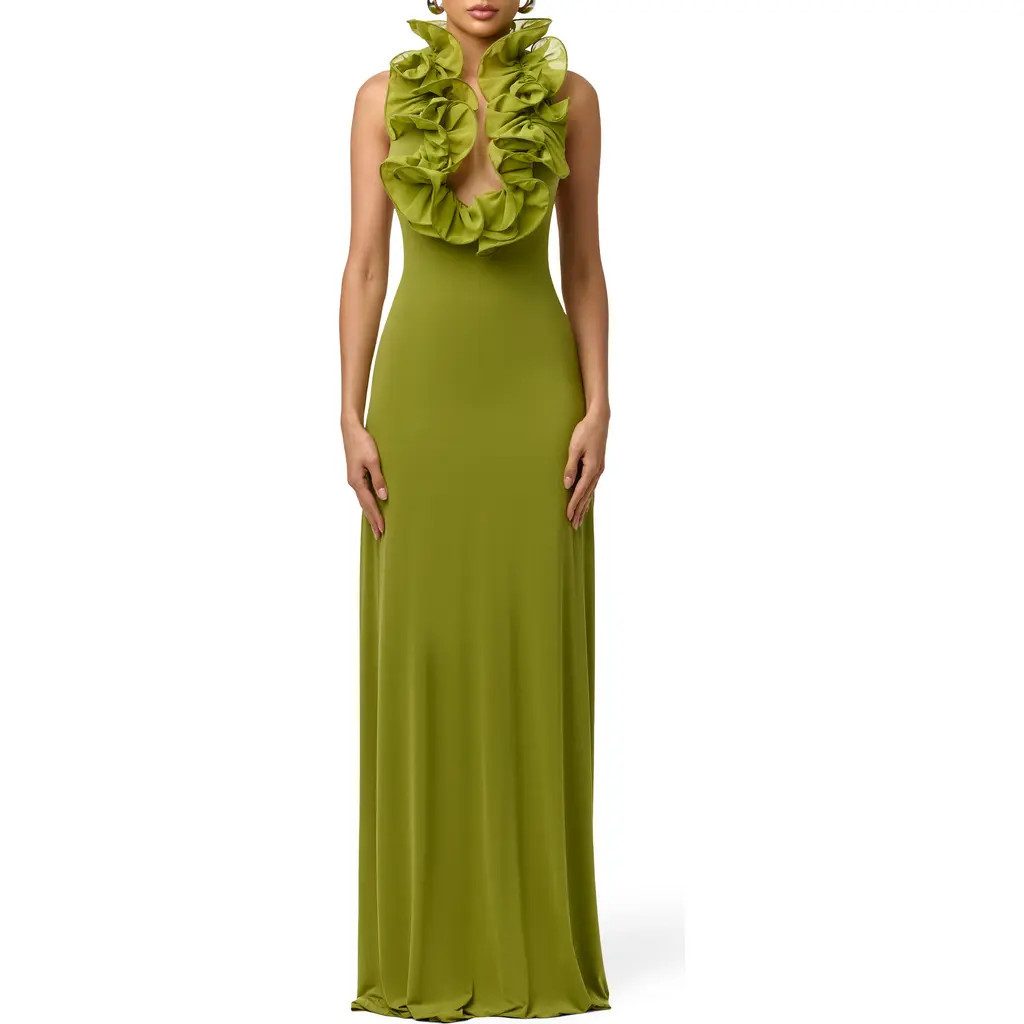 Naked Wardrobe Ruffle Plunge Halter Maxi Dress in Mojito at Nordstrom, Size X-Large | Nordstrom