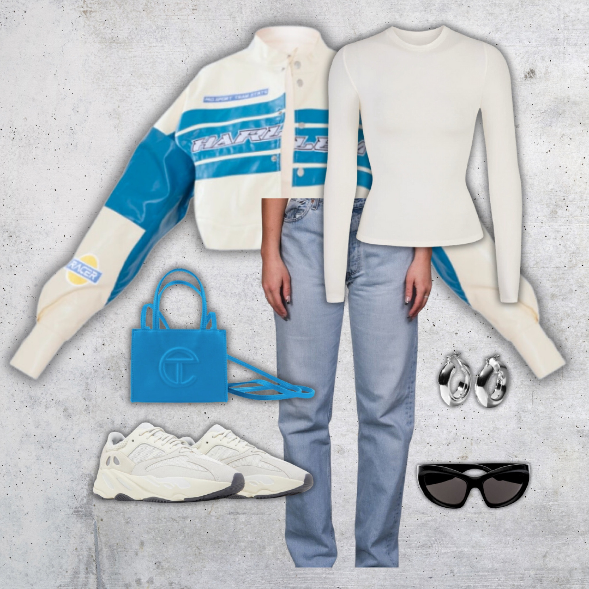 Fall outfit. Fall inspo outfits. Virtual outfits. Virtual fashion. Fall fashion. Autumn outfits. Streetwear outfits. Leather jacket. Skims outfit. Yeezy 700 sneakers. Blue outfit inspo. Fashion. 

#LTKstyletip #LTKitbag #LTKFind