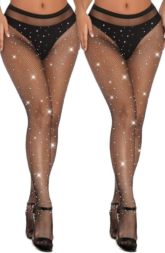 VEBZIN Sexy Sparkly Fishnets Stockings Jeweled High Waist Fishnet Tights for Women Rhinestone Par... | Amazon (US)