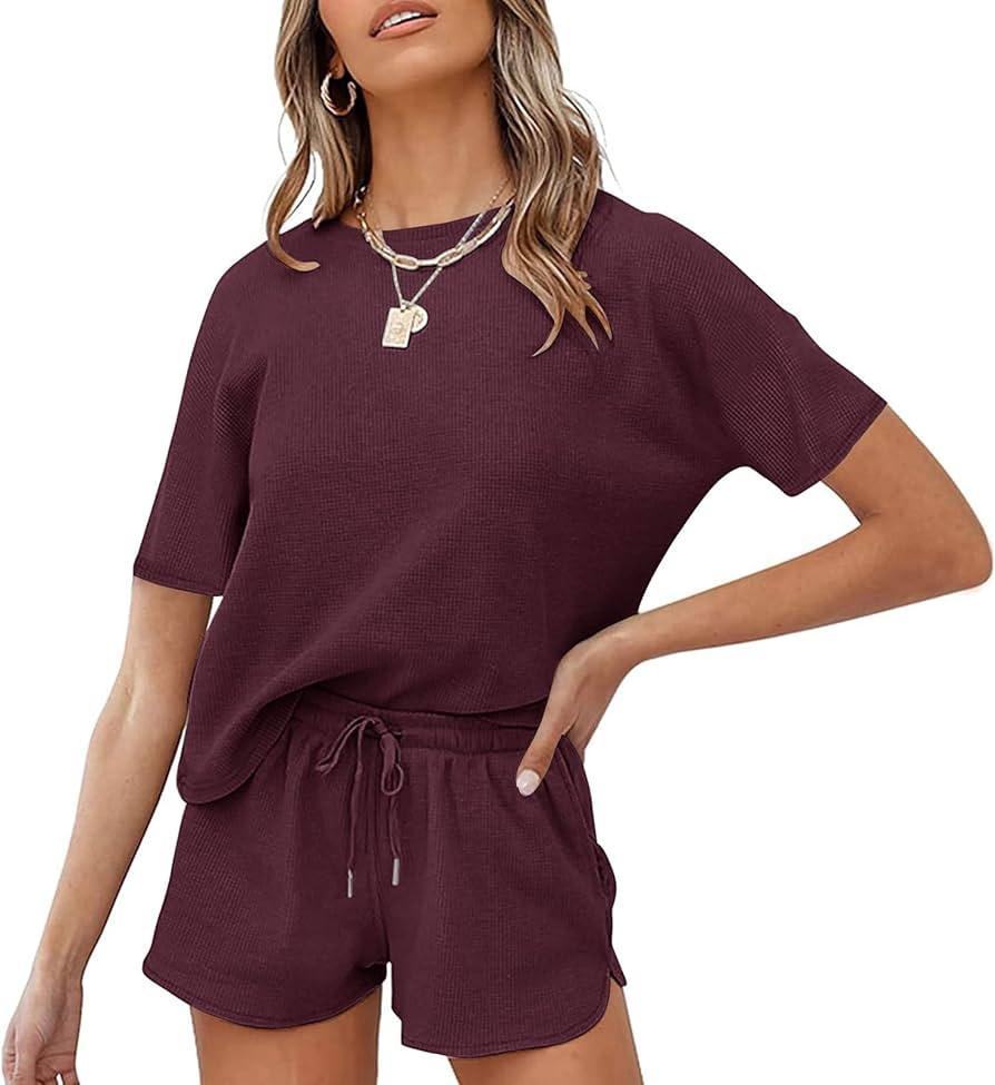 MEROKEETY Women's Short Sleeve Waffle Pajama Sets Lounge Top and Shorts 2 Piece Tracksuit Outfits | Amazon (US)