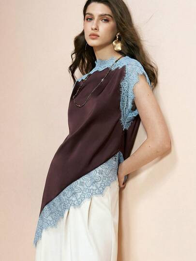 Arave Women's Lace Patchwork Satin Blouse,Dark Blue,Autumn,Elegant,Tea Party,Asymmetric Hem,Spagh... | SHEIN