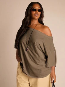 FASHION SZN Plus Size Ladies 100% Cotton Oversized Drop Shoulder T Shirt Casual Off Shoulder Whit... | SHEIN