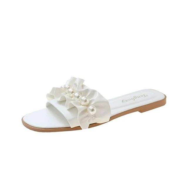 VerPetridure White Sandals Women Women's Pearl Slippers Wind Seaside Holiday Shoes Flat Bottom Sa... | Walmart (US)