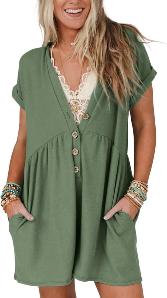 Glamaker Women's Summer Short Sleeve Romper Casual V Neck Wide Leg Short Jumpsuit Button Beach Ro... | Amazon (US)