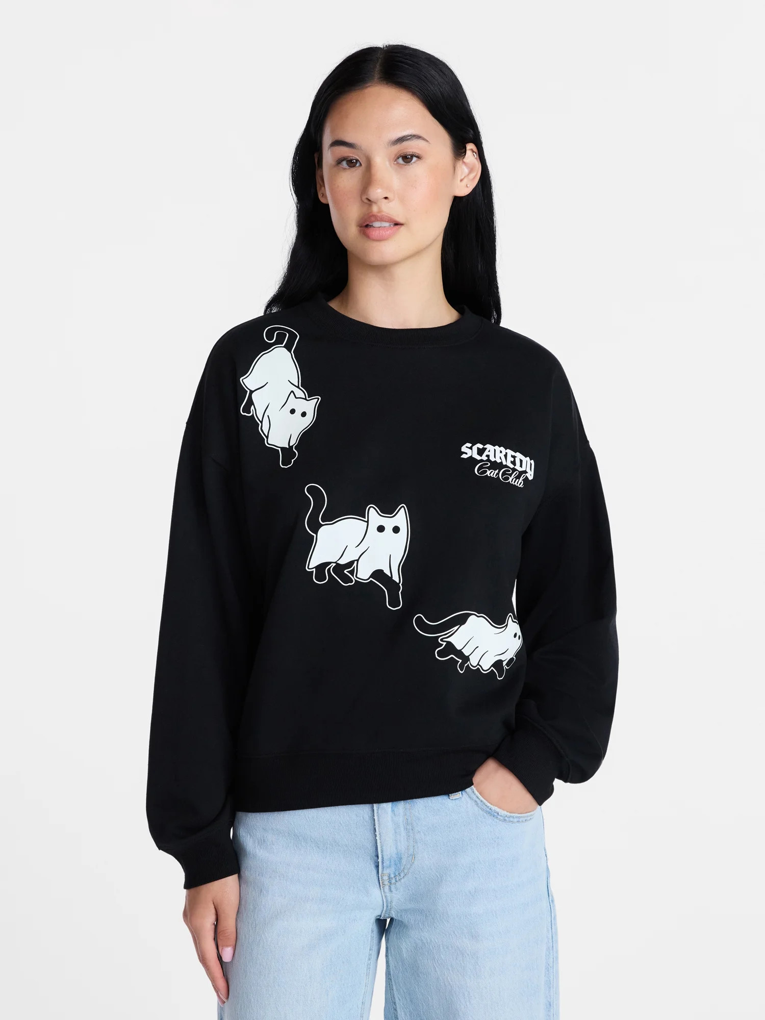 Scaredy Cat Club Women's Halloween Graphic Crew Pullover, Sizes XXS-XXL | Walmart (US)