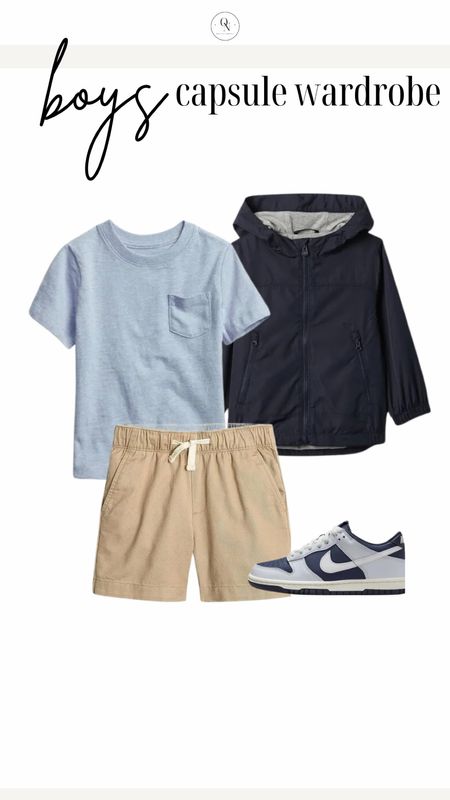 Shorts outfit from the Boys capsule wardrobe. Here is a list of recommended items with the number I suggest for each! Remember this is a jumping off point and you should go through your kids clothes and see what they have first before heading to the store.

5x Short Sleeve Tshirts // I recommend a mix of graphic and plain Tshirts.

4x Long Sleeve Tshirts // I recommend a mix of plain and stripe

2x polo shirts // solid blues work well here

Jackets // Windbreaker or rain coat and a pullover 

2x Denim // I recommend one dark and one light. We love target jeans and HM for our boys. 

2x Joggers in grey and navy

5x shorts // I recommend navy, khaki and grey as a base and then fill in with color and pattern for the remaining 3.

1x Dress pants // I love Jcrew for my joys.

Shoes // casual sandals that can get wet like keens, crocs or natives Dress shoes (we love loafers!) and sneakers.

Accessories: An easy to adjust belt, socks for sneakers and socks for dress shoes. 

Spring outfits, kids outfits, outfits for boys, boys capsule wardrobe, kids capsule wardrobe, spring capsule wardrobe, boys outfits