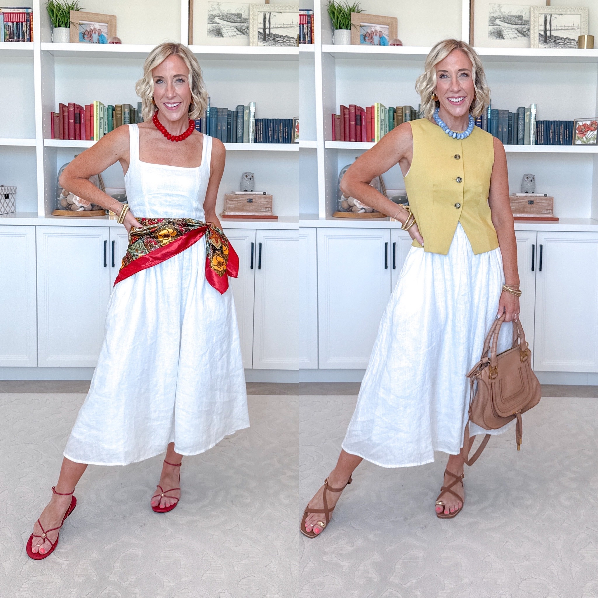 One White Dress - 6-ish ways to wear it: * 100% European Linen Fit & Flare Midi Dress - size XS. 11 colors. Scarf (at waist) - linking both necklaces and both scarves. Vest - size XS. 4 colors. 

#LTKSeasonal#LTKOver40#LTKTravel