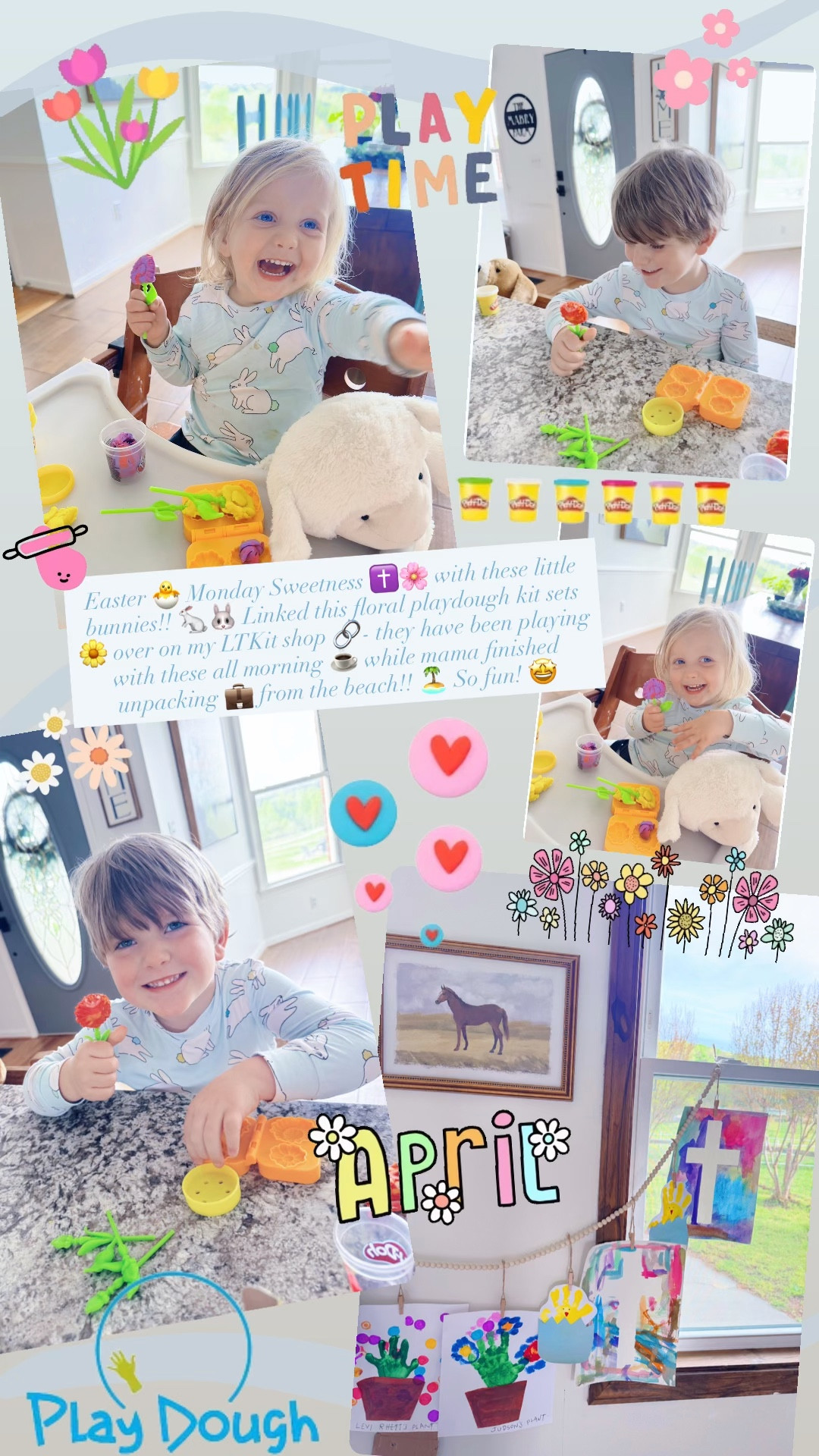 Easter 🐣 Monday Sweetness ✝️🌸 with these little bunnies!! 🐇🐰 Linked this floral playdough kit sets 🌼 over on my LTKit shop 🔗- they have been playing with these all morning ☕️ while mama finished unpacking 💼 from the beach!! 🏝️ So fun! 🤩 