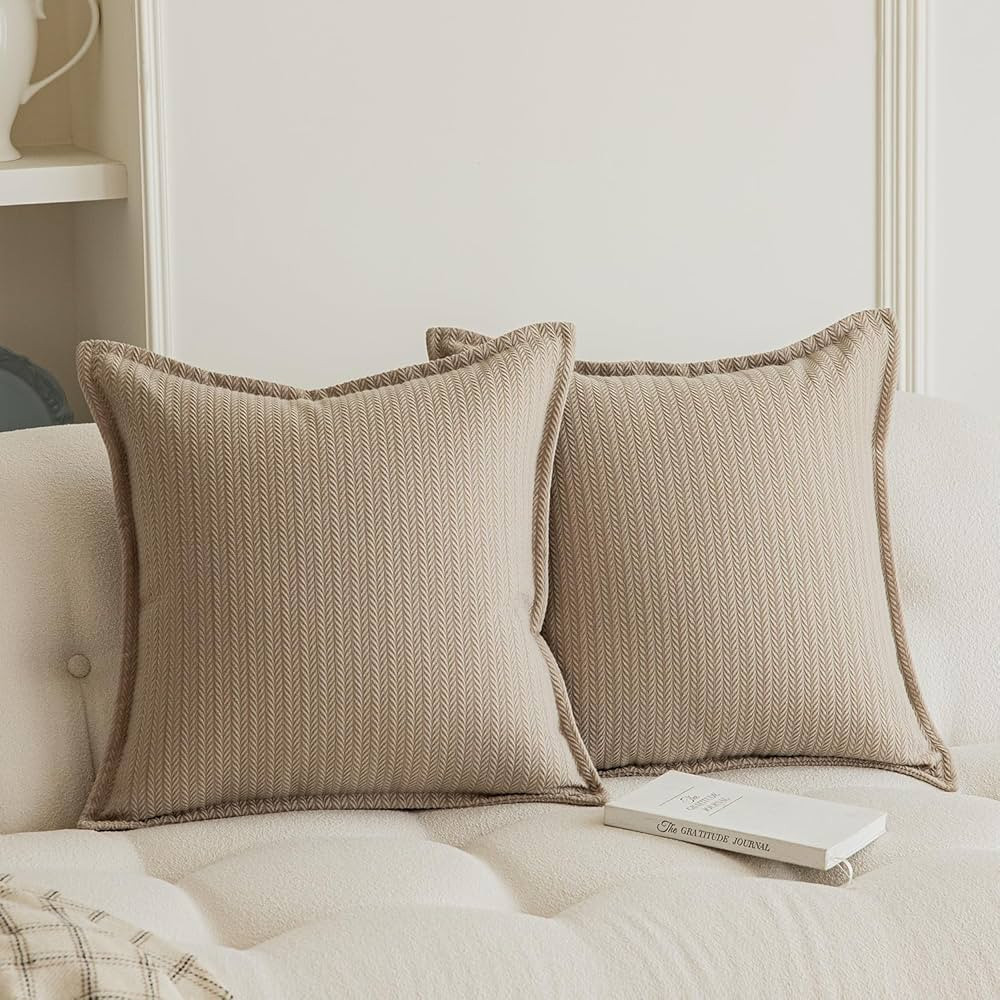 Rythome Set of 2 Herringbone Patterned Flange Throw Pillow Covers for Couch and Bed - 18"x18", Kh... | Amazon (US)