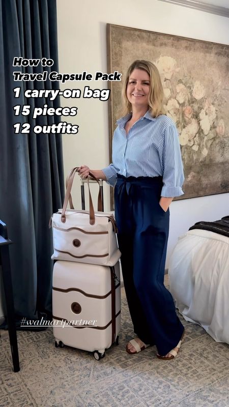 ✨ CARRY-ON ONLY TRAVEL CAPSULE IDEAS
Everything I’m packing for a 12 day summer trip to Europe with 15 clothing pieces on @walmartfashion #walmartpartner 

I tried on 12 outfits here, but you can make MANY more outfits than this using these pieces! (Save this reel for your next trip 🧳)

We’re traveling to Stockholm to finally see some of my family after many years of waiting. And we’re visiting London and Paris for a few days between as ✈️ layovers while we’re there. 

Packing List Below 👇 

Tops:
White button-down
Blue stripe button-down
Black stripe pullover 
White henley 
White tube top 

Bottoms:
Dark wash jeans
Khaki linen look pants 
Navy wide leg pants 
Light blue wide leg pants 
Olive maxi skirt 

Layers:
Denim jacket
White blazer 
Trench raincoat 

Shoes:
White leather sneakers 
Brown sandals 
Canvas flats 

Accessories:
Crossbody bag
Sun hat 

(I’m tossing in 2 tees & 2 leggings for pjs and of course undies as well.)

TIP: tightly roll each clothing piece and use compression bags to maximize suitcase space. 

All of this fits in my carry-on sized suitcase with toiletries in my personal item tote to fit under the seat. 

#LTKVideo #LTKtravel