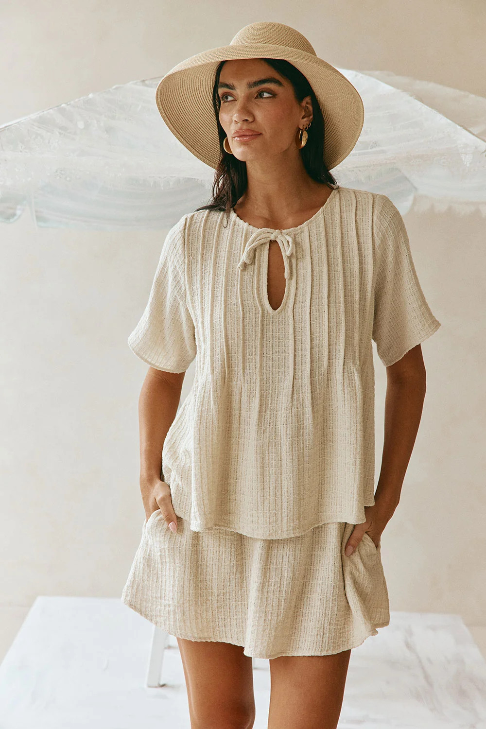 Beige Textured Pleated Rayne Top | Sabo Skirt US
