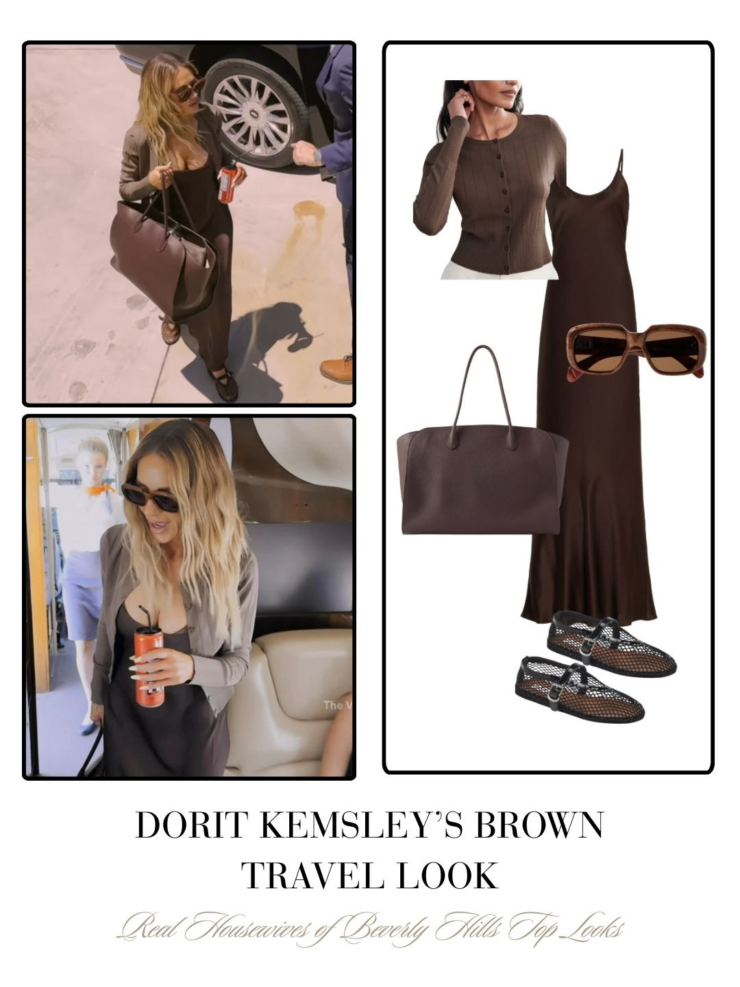 Dorit Kemsley's Brown Travel Look to Sonoma: Brown Satin Maxi Dress, Cardigan, Bag, Sunglasses and Mesh Ballet Flats  

 

#LTKTravel