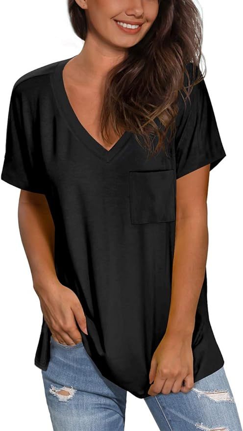 SAMPEEL Women's Basic V Neck Short Sleeve T Shirts Summer Casual Tops | Amazon (US)