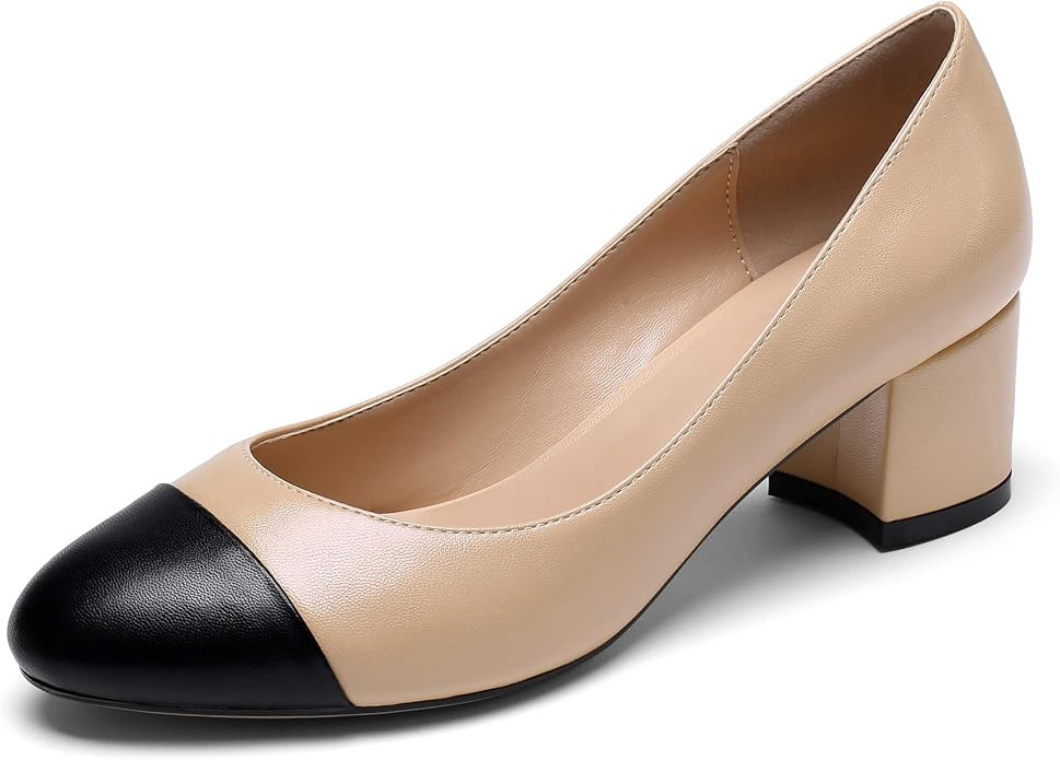 YODEKS Women's Mid Heel Pumps Shoes Round Toe Color Stitching High-Heel Slip On Pumps Manmade Lea... | Amazon (US)