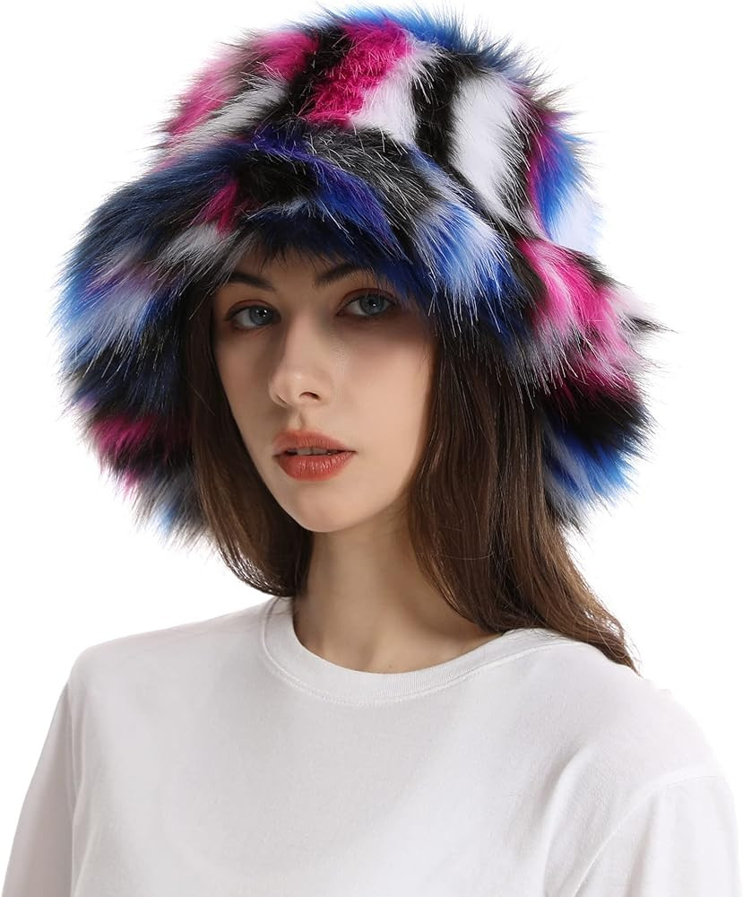 Fuzzy Bucket Hat for Women Winter Fluffy Furry Plush Faux Fur Hats Rainbow Cute Women's Bucket Ha... | Amazon (US)