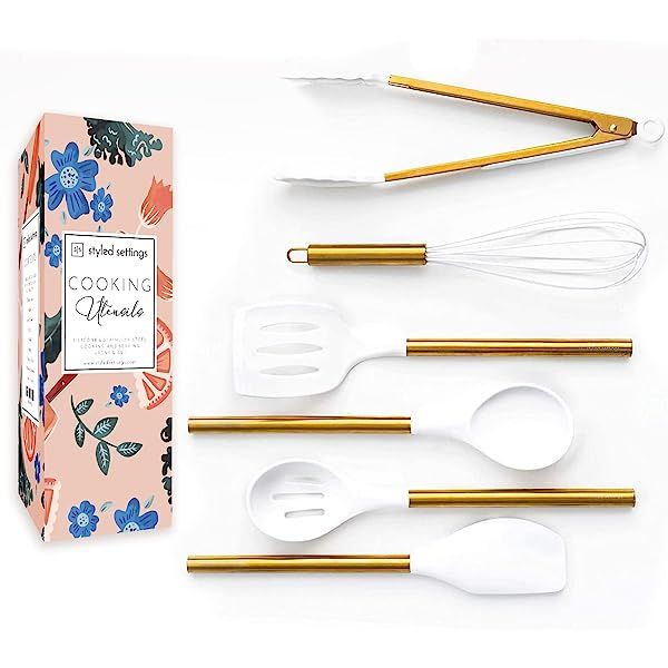 White and Gold Cooking Utensils with Holder - 18 PC Gold Kitchen Utensils Set Includes White Cook... | Amazon (US)