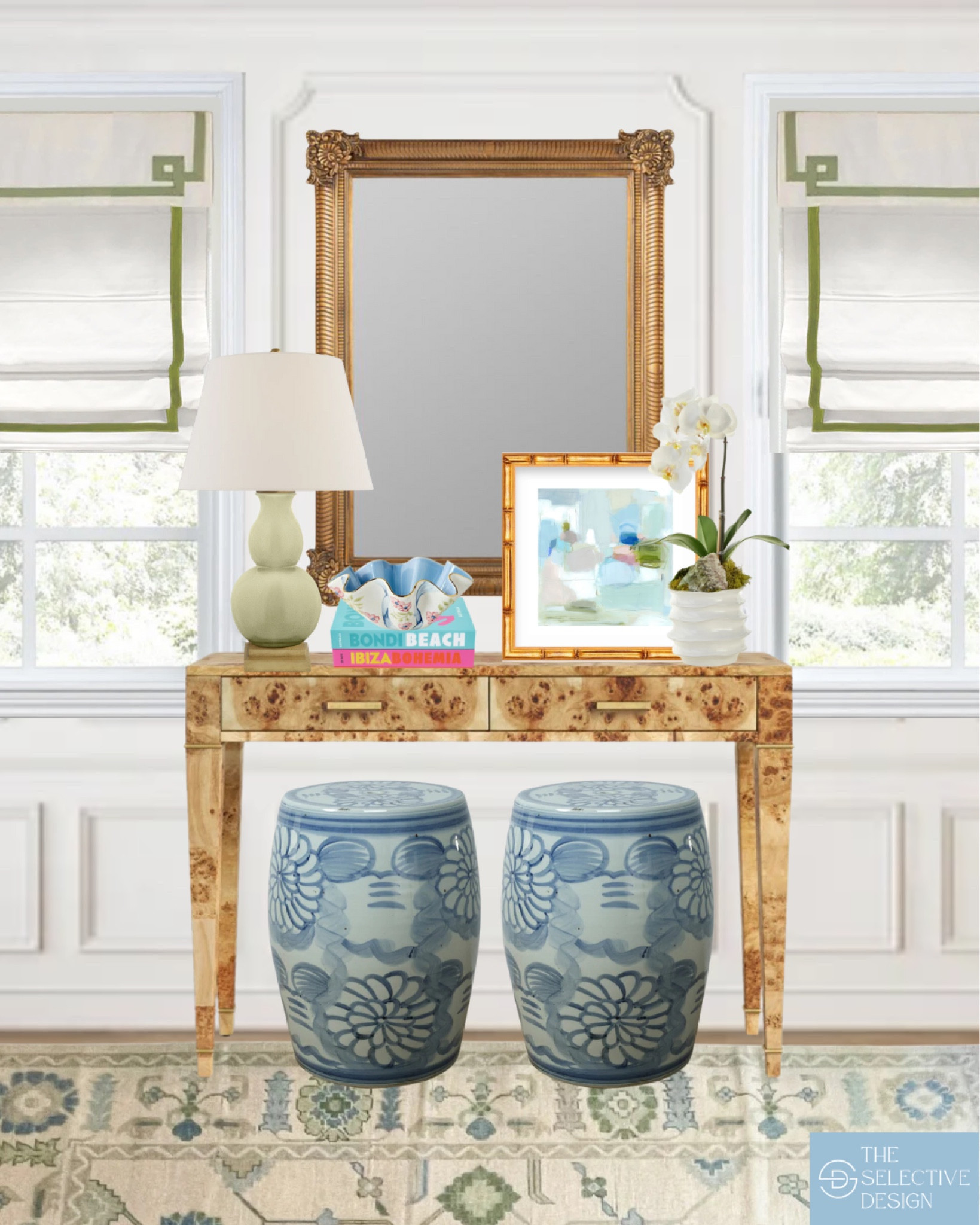 Mixing classic and contemporary home decor to create a casually elegant entryway 🤍

Custom Roman shades, Greek key Roman shade, gold mirror, antique mirror, entryway mirror, burl wood table, burl wood console, green table lamp, green lamp, coffee table books, colorful books, decorative books, Susan Gordon bowl, decorative bowl, abstract art, framed abstract art, Etsy art, colorful art, orchid, chinoiserie accent stool, chinoiserie garden stool, blue stool, modern oushak rug, blue and green rug, neutral oushak rug, custom rug, modern traditional, southern traditional, Grandmillennial, timeless home decor, classic home decor, elegant home decor, traditional home decor, elevated home decor, entryway inspo, entryway decor, entryway inspiration, entryway mood board, entry, foyer 

#LTKHome #LTKStyleTip #LTKFindsUnder100
