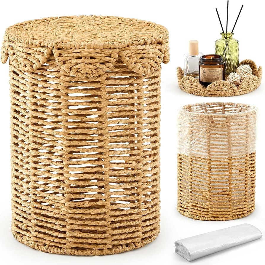 Ctosree Small Wicker Trash Can 1.3 Gallons Woven Wicker Bathroom Waste Basket with Lid Handle Boh... | Amazon (US)