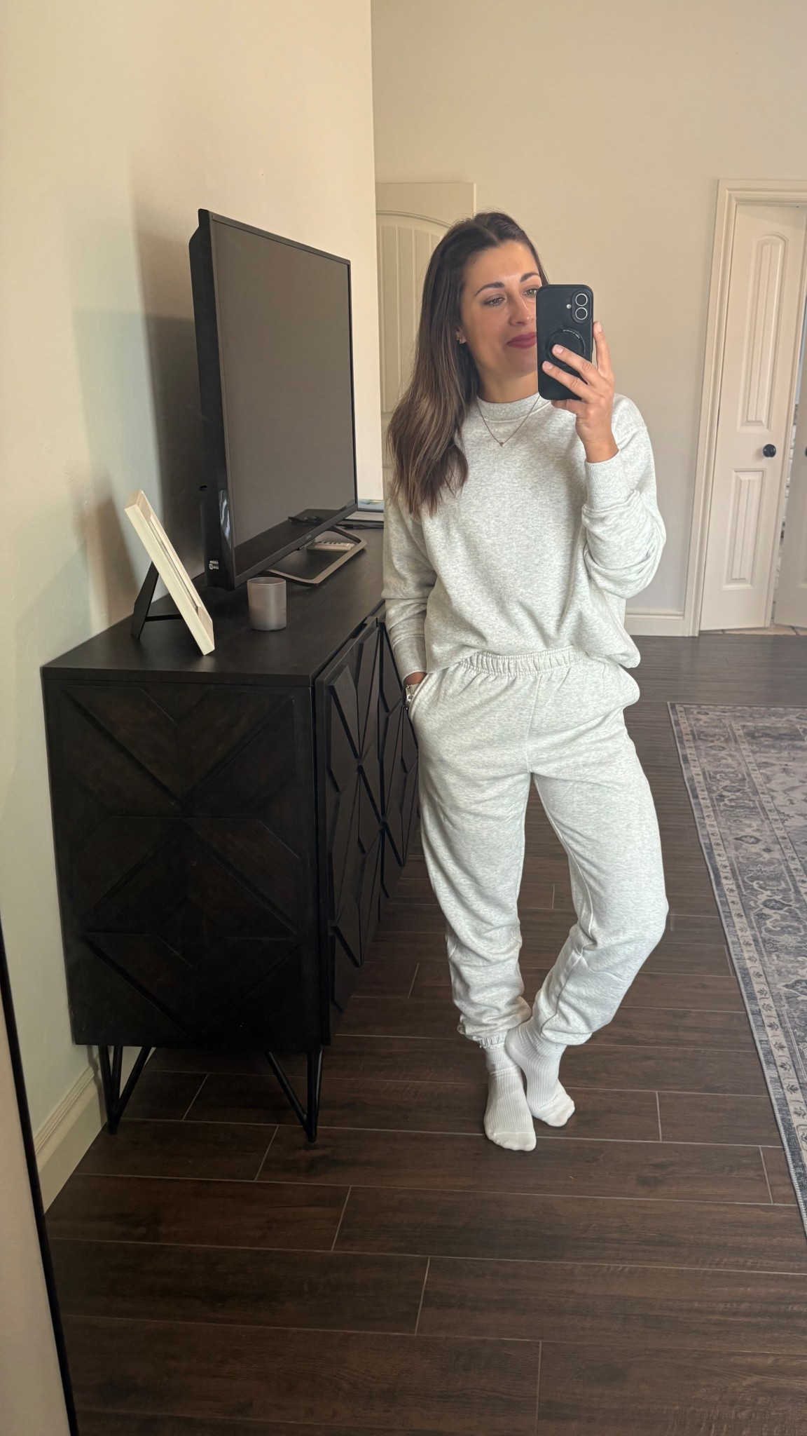 Perfect sweatsuit. Walmart. $10 top & bottom. Higher waisted. Pockets. Perfect! Wearing XS in bottom and XXS in top  