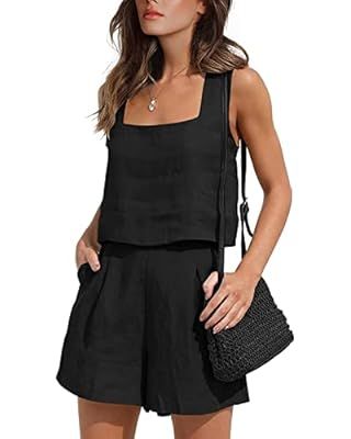 AUTOMET Womens 2 Piece Outfits Lounge Matching Sets Two Piece Linen Shorts Crop Tops 2023 Trendy ... | Amazon (US)