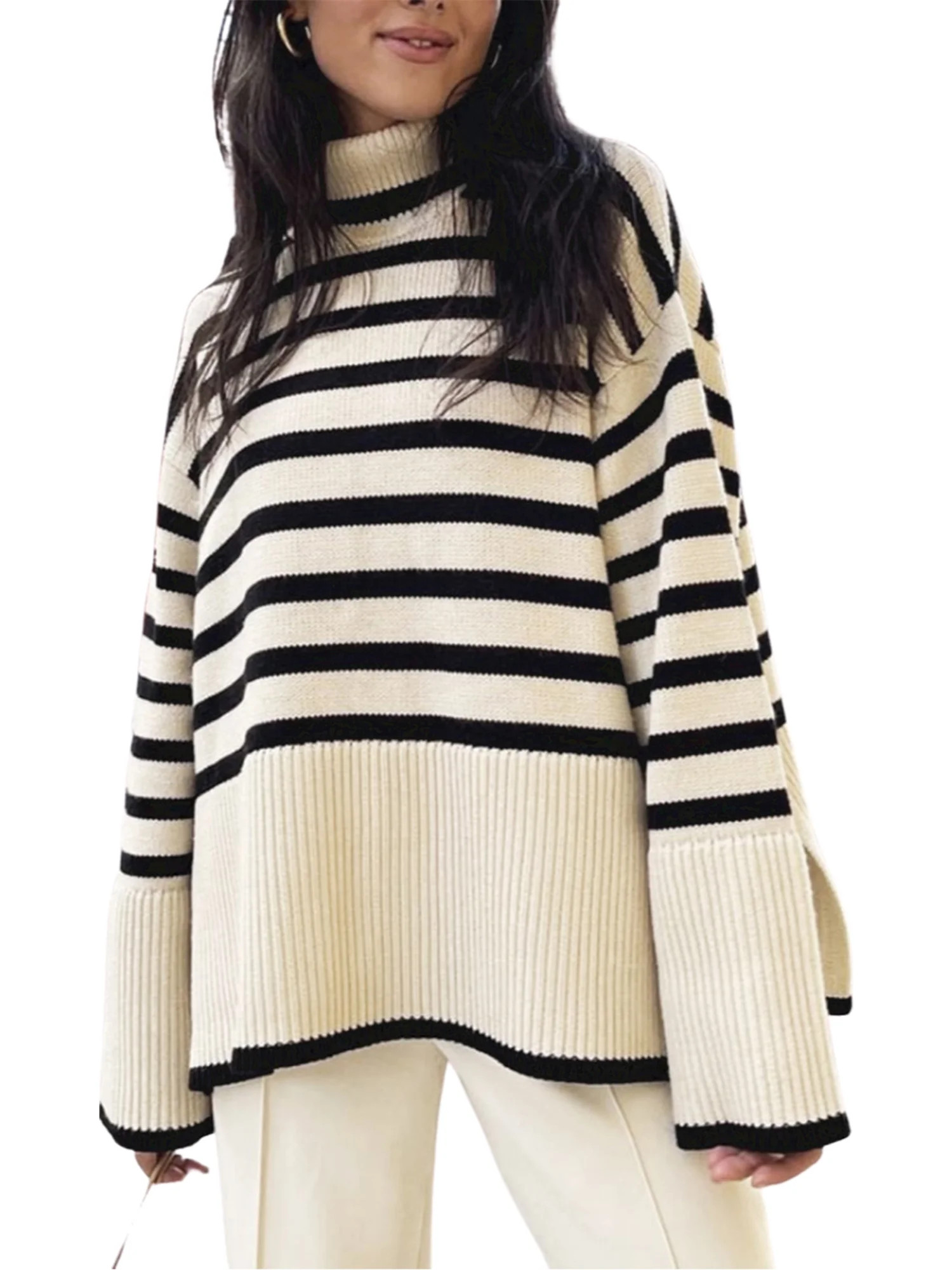 Ma&Baby Women's Fall Winter Loose Turtleneck Sweaters Long Sleeve Side Split Knit Sweater Pullove... | Walmart (US)