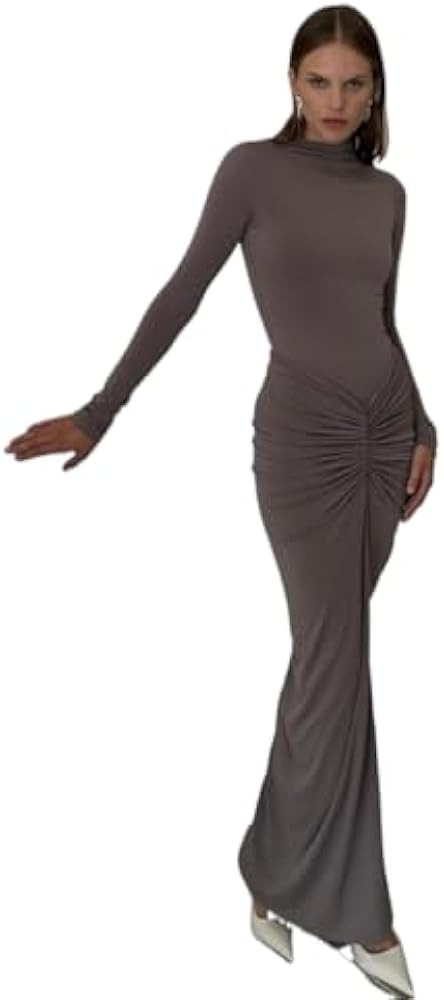 Womens Sexy Maxi Dress Long Sleeve Ruched Bodycon Turtleneck Club Party Casual Wedding Dresses | Amazon (US)