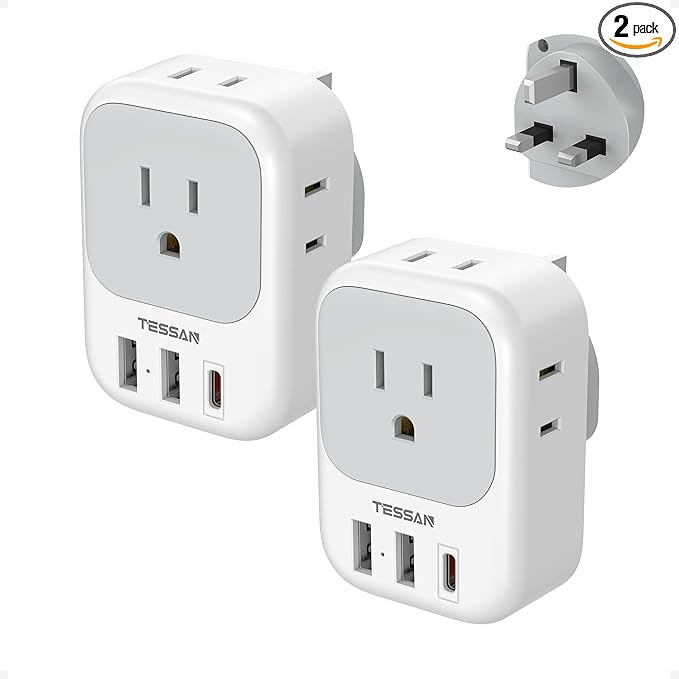 TESSAN UK Adapters for Travel 2 Pack, Type G US to UK Plug Adapter with 4 Outlets 3 USB Charger(1... | Amazon (US)