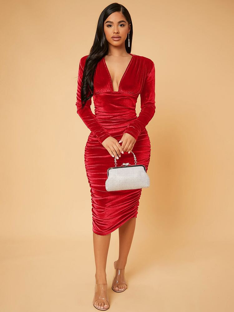 SHEIN Deep V Neck Ruched Velvet Bodycon Dress | SHEIN