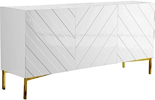 Pemberly Row 64" Transitional High Gloss Lacquer Wood Buffet Console Sideboard in White/Gold Plated | Amazon (US)