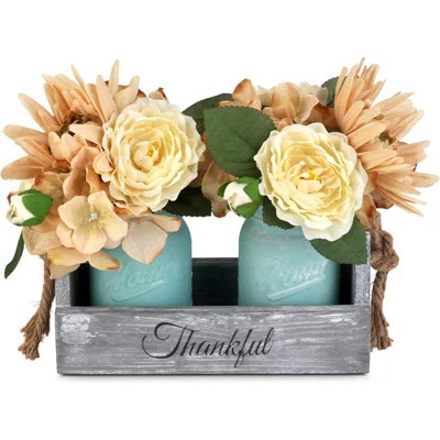 Rustic Table Centerpiece Decor-Decorative Thankful Wood Tray With 2 Painted Mason Jars, Rose Bouquet Flowers For Home,Dining Room, Living Room, Kitche | Wayfair North America