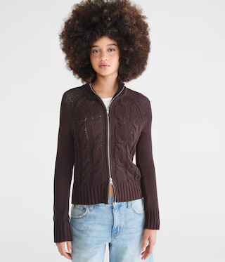 Cable Mock-Neck Full-Zip Cardigan | Aeropostale