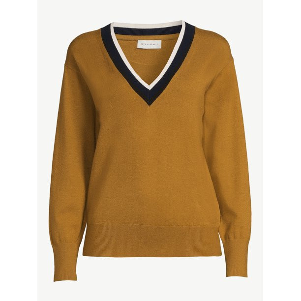 Free Assembly Women’s Contrast V-Neck Sweater with Long Sleeves, Midweight, Sizes XS-XXL | Walmart (US)