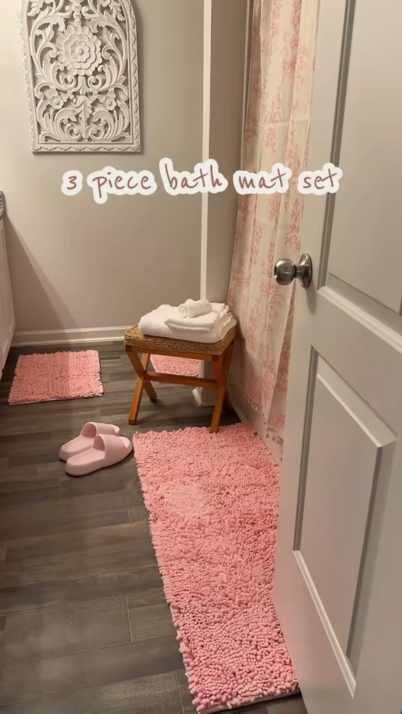 Pink bathroom #pinkbathroom #bathroomrug #bathmat #showercurtain

#LTKHome