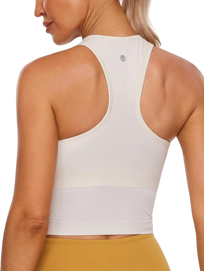 CRZ YOGA Womens Seamless Ribbed Longline High Neck Sports Bra - Racerback Padded Slim Fit Crop Ta... | Amazon (US)