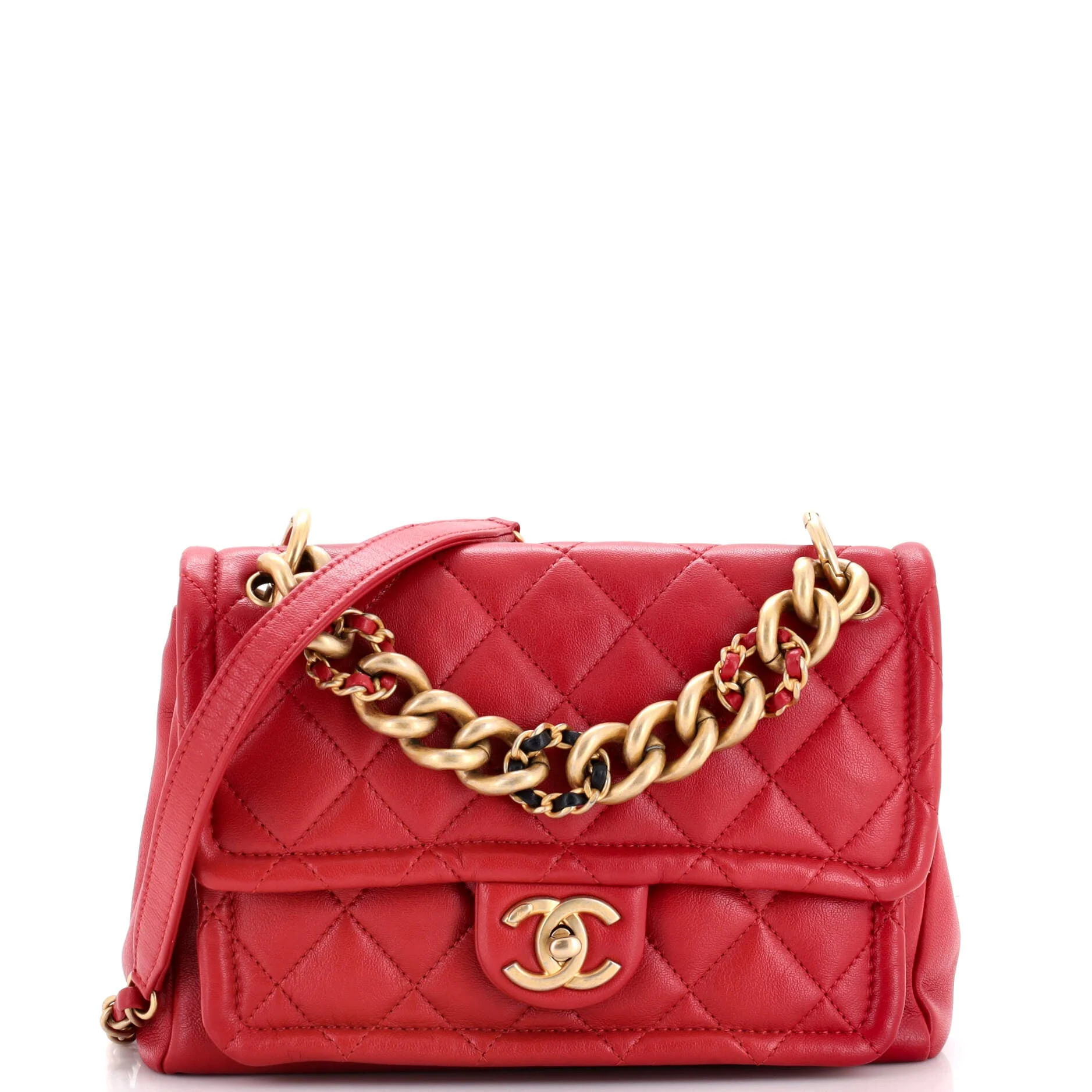 Woven Chain Link CC Top Handle Flap Bag Quilted Lambskin Small | Shop Simon