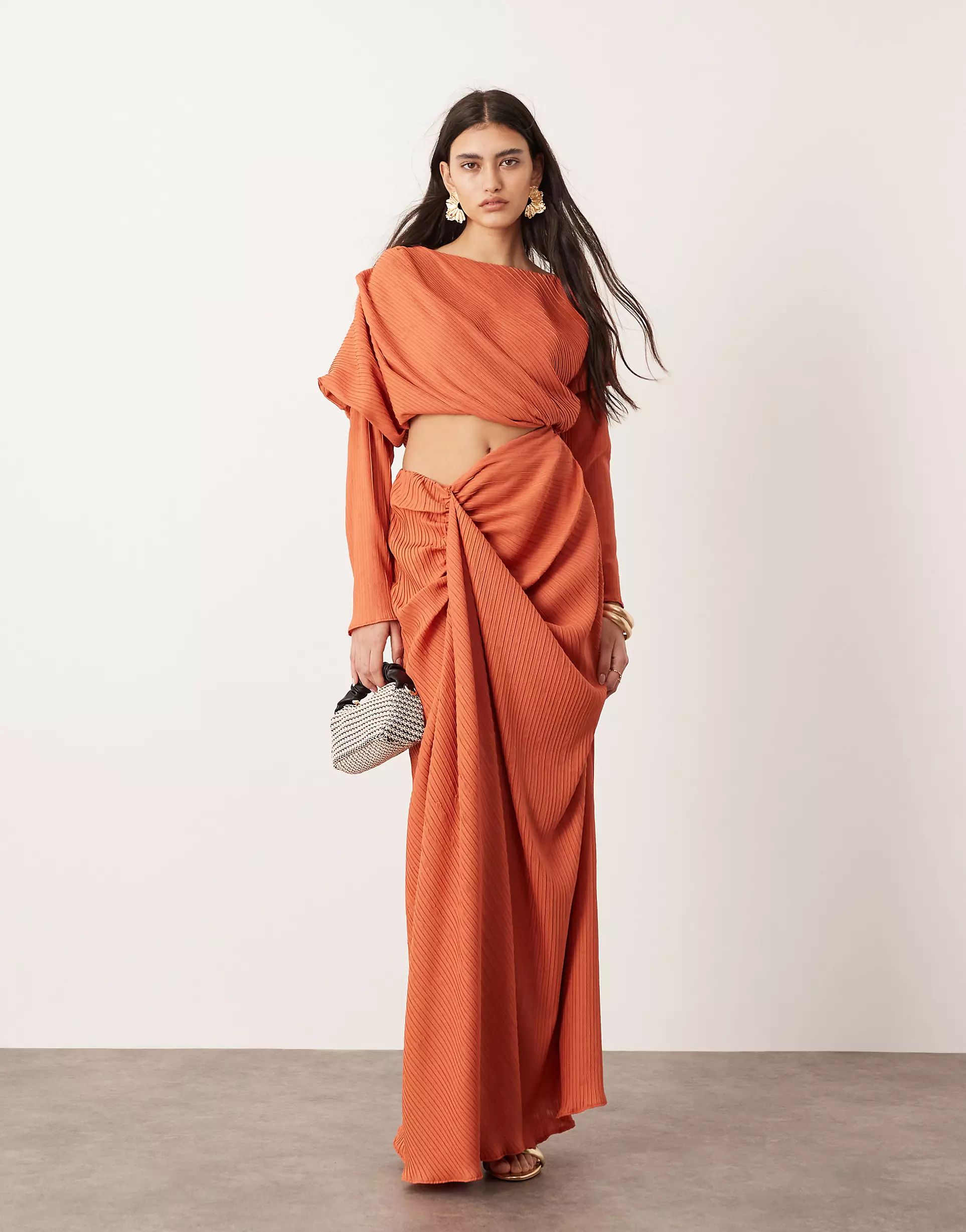 ASOS EDITION premium plisse long sleeve drapey maxi dress in rust | ASOS | ASOS (Global)