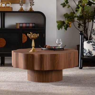 31.5 Inch Scalloped Edge Coffee Table Walnut MDF Wood Grain Modern Irregular Round Center Table Accent Table for Living Room Bedroom Home Office | Target