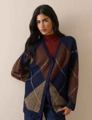Navy Argyle Long Line Cardigan | Nobody's Child