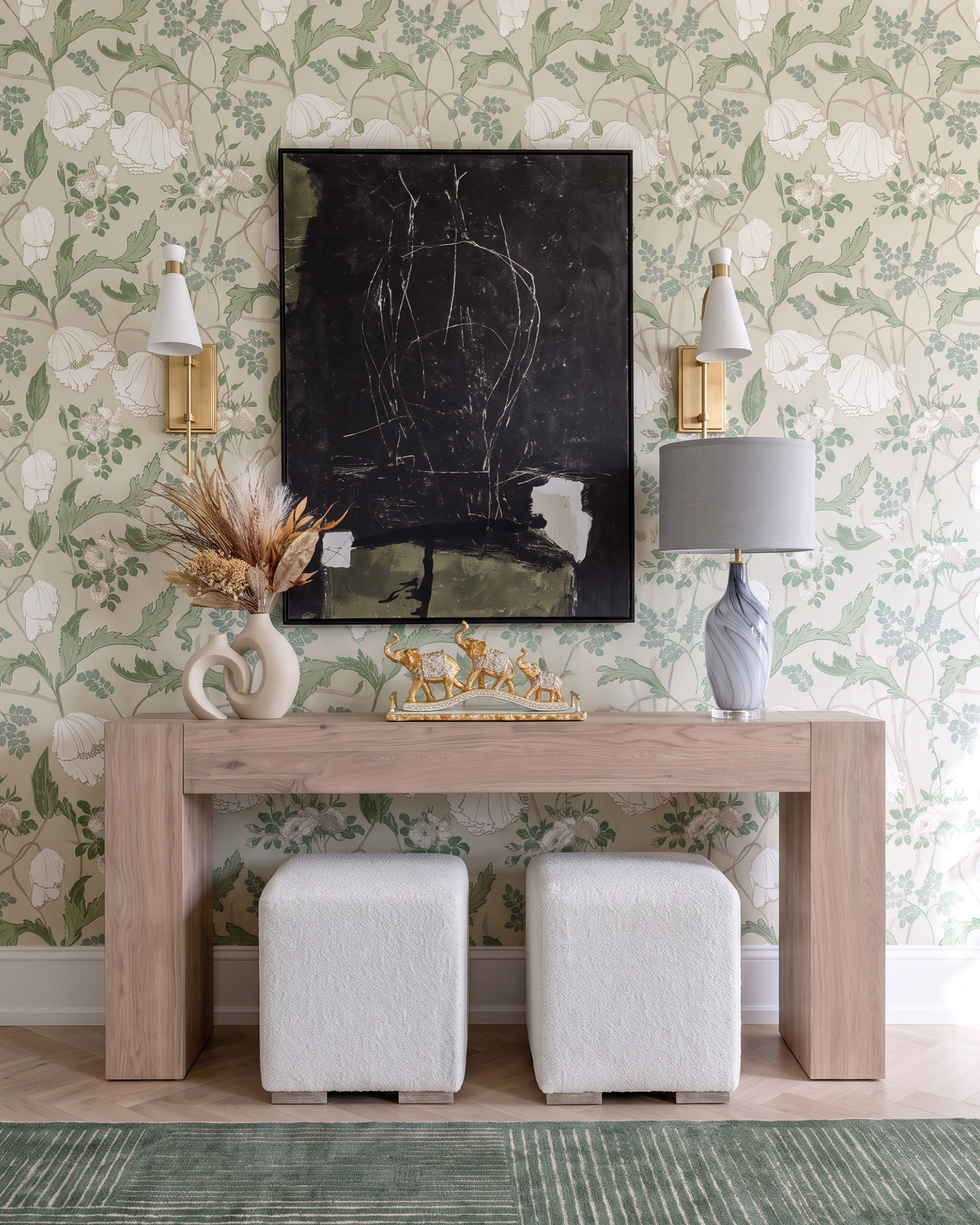 Shop the look:
* Floral bird print ceiling wallpaper
* Cherry blossom ceiling wallpaper
* Wood beam ceiling
* Arabescato marble slab backsplash
* Black and white veined marble
* Brass swing arm wall sconce
* White gourd pendant light
* White globe pendant light
* Dual zone wine and beverage fridge
* Fluted white cabinetry
* Brass drawer pulls
* Ribbed glass cabinet door
* Green ceramic vase
* Gold cocktail shaker
* Floral leaf wallpaper
* Green leaf print wallpaper
* Abstract black and cream framed art
* Cream knot ceramic vase
* Marbled glass table lamp
* Gray drum lampshade
* Gold elephant figurine set
* Chunky wood block console table
* Boucle cube ottoman (set)
* Striped area rug
* Floral three-panel framed art set
* Gold scalloped oval mirror
* Fluted wood nightstand
* Upholstered wingback bed frame
* Green geometric throw pillows
* Chunky knit throw blanket
* Boucle pedestal bench
* Vintage floral area rug
* Gold scalloped wave mirror
* Ceramic table lamp
* Rope-wrapped ceramic vase
* Faux olive branch stems
* Brass taper candle holders
* Wood dresser with brass hardware
* White cone wall sconce

#LTKsale #LTKhome #LTKstyletip