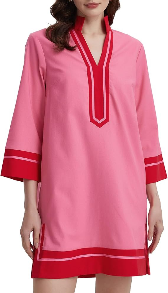 Kedera Women's Linen Shift Dress V Neck 3/4 Sleeve Deep V Neck Casual Mini Collared Dress for Sum... | Amazon (US)