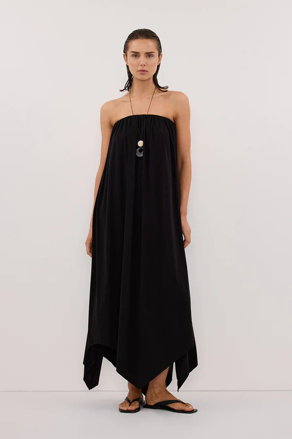AVA BLACK STRAPELESS MIDI DRESS | DISSH