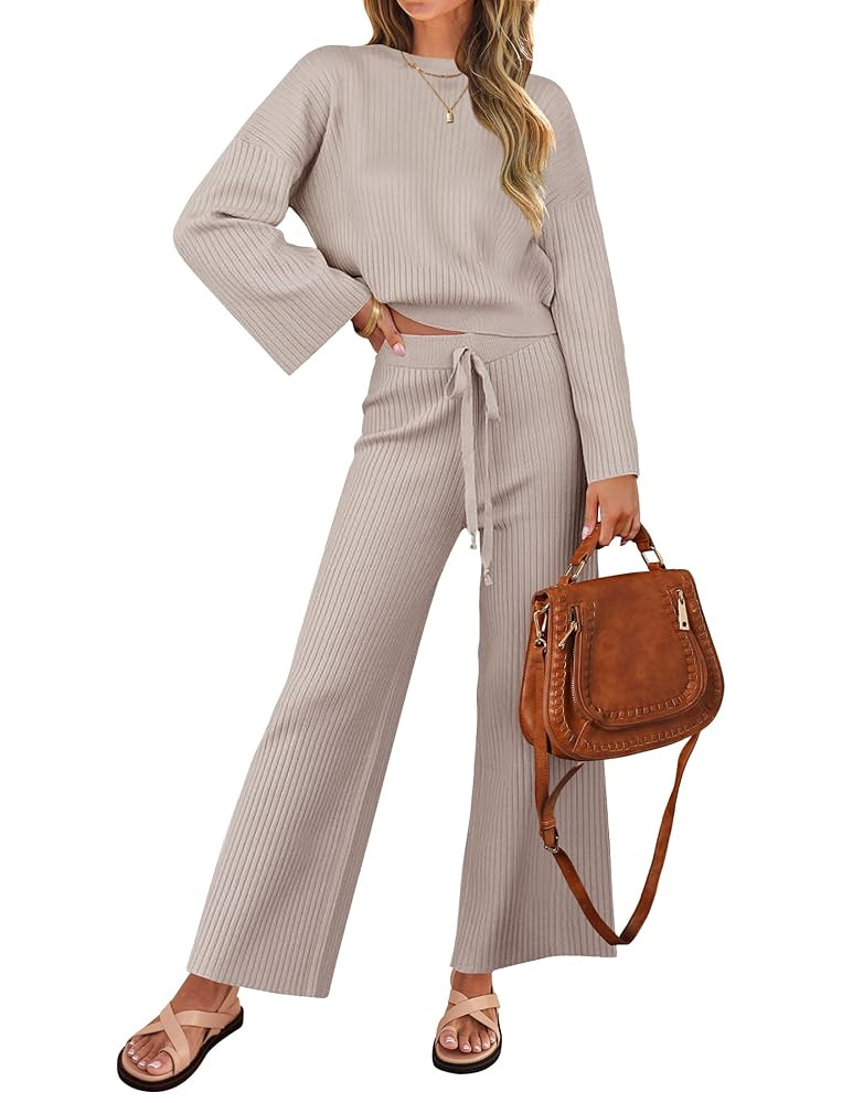 ZESICA Women's 2 Piece Outfits Set Casual Long Sleeve Knit Pullover Top and Wide Leg Pants Sweats... | Amazon (US)