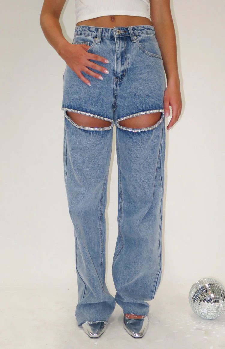 Gem Diamante Trim Wide Leg Denim Jeans | Beginning Boutique (US)