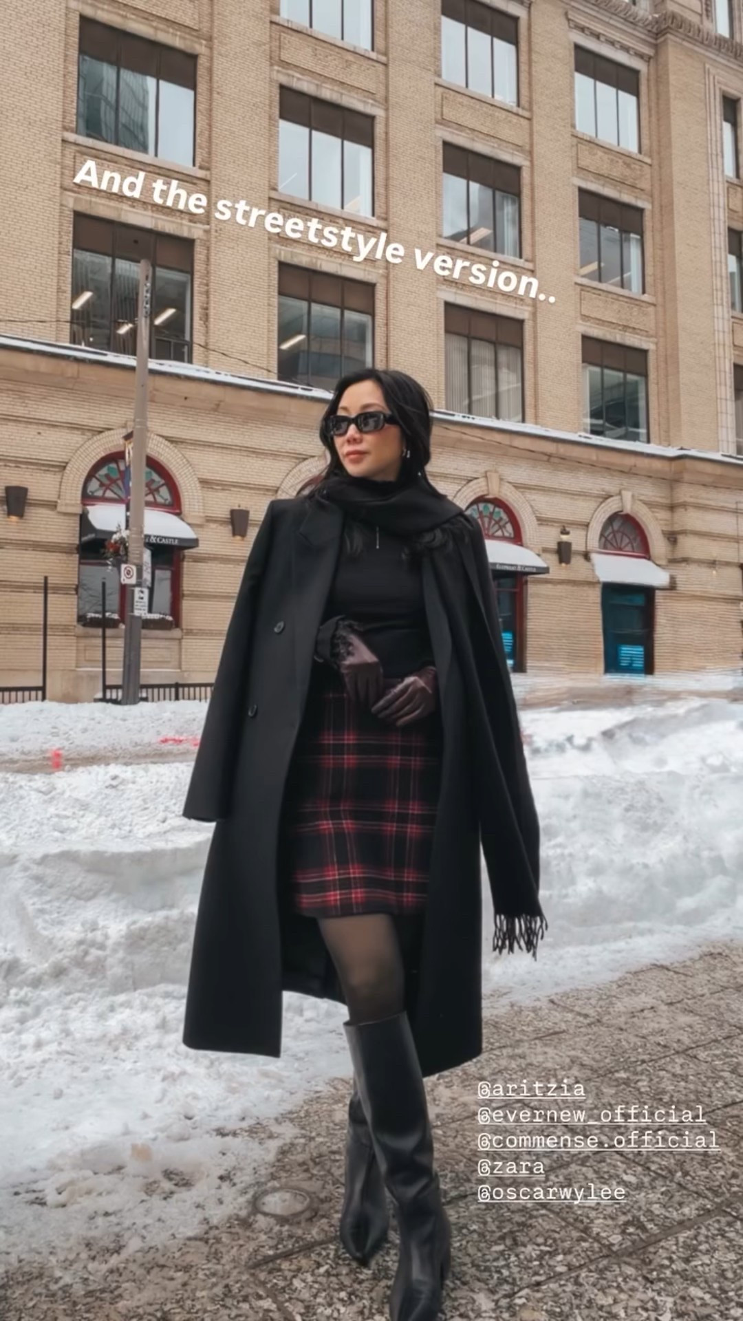 And the streetstyle version.. workwear OOTD with coat & gloves from @aritzia, checkered skirt from
@evernew_official, top from
@commense.official and boots fromm
@zara 
@oscarwylee

#LTKootd #LTKWorkwear #LTKgrwm