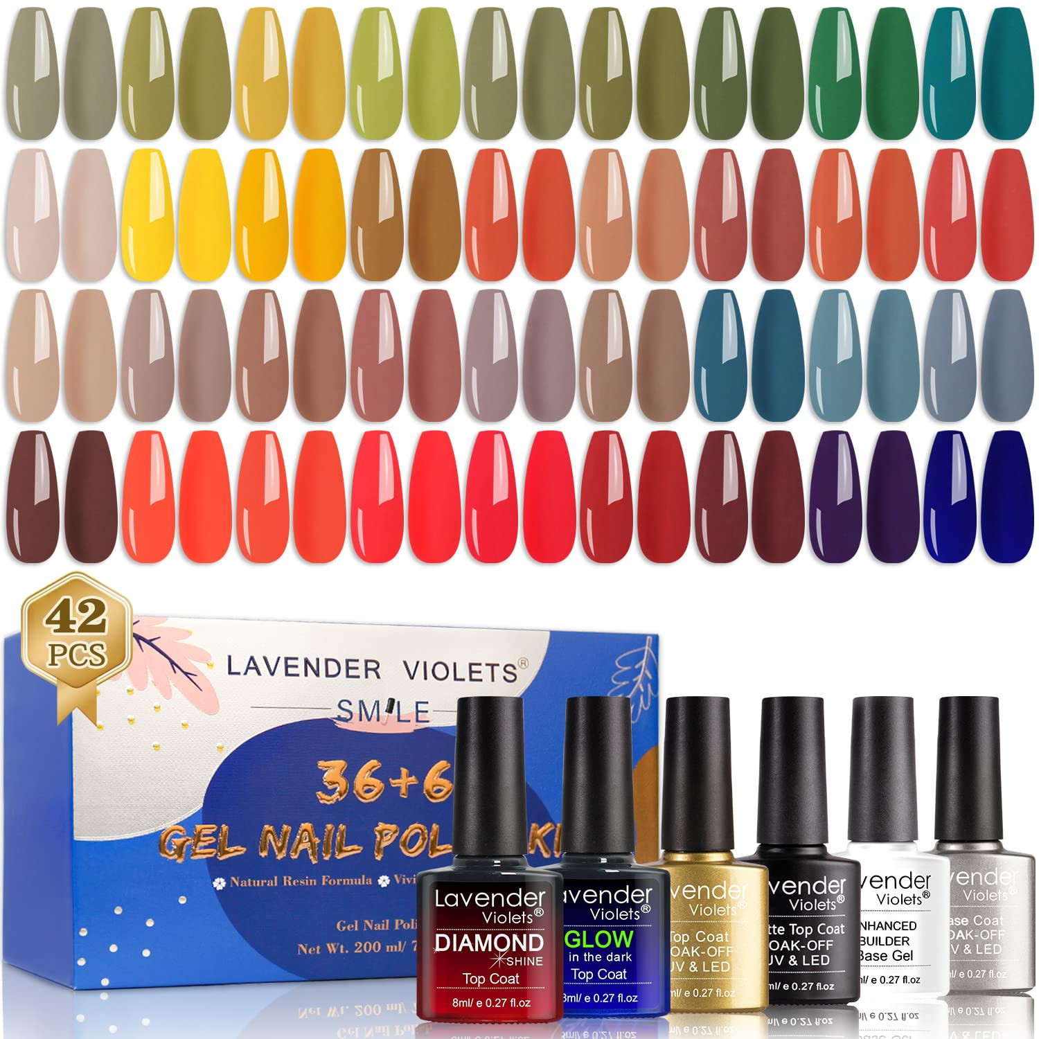 Lavender Violets 42 Pcs Gel Nail Polish Kit Set with 36 Colors Coat, 6 Bottles of Base top Coat, ... | Amazon (US)